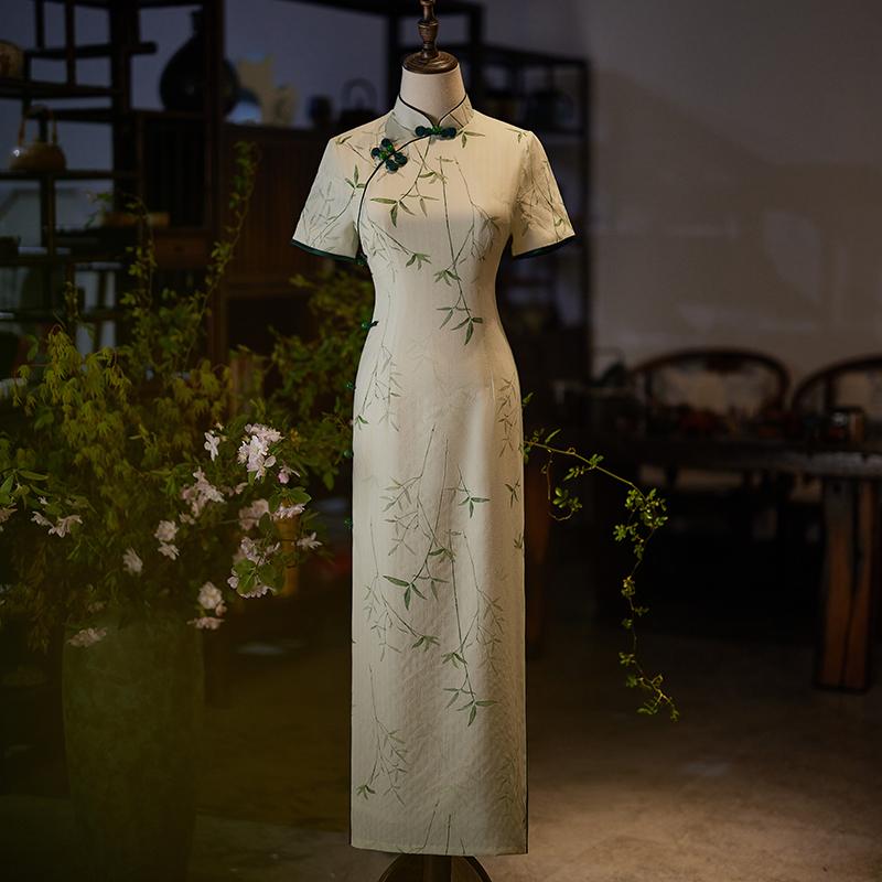 チャイナドレス レディース ワンピース ジャカード 夏 若い 女の子 エレガント グリーン