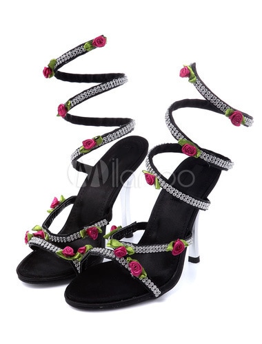 女性のための花サンダルブラックラインストーンPUハイヒール