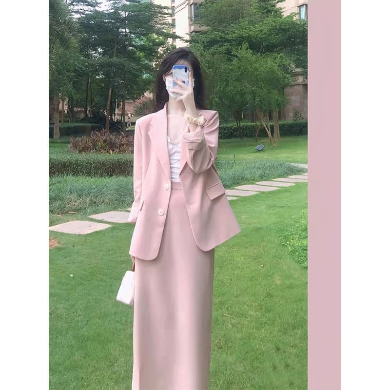 早春のファッション年齢を減らす気質の女神ファンユジエ風プロフェッショナルピンクスーツジャケットスカートツーピーススーツ
