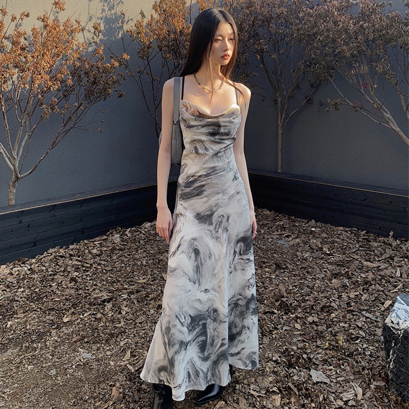 スリングドレス レディース デザイン インクプリント スイングカラー バックレス ロングホリデースタイル スリムスカート