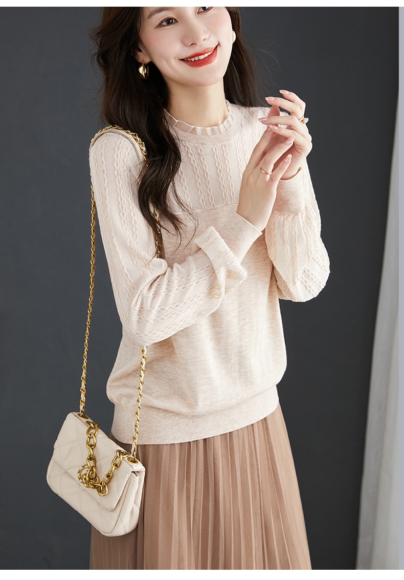 エレガント カジュアル メッシュトップ バージョン ニット シャツ 女性 ベージュ ブラウン グレー ブラック M L XL XXL トップス 袖あり かわいい 大人可愛い きれいめ シンプル