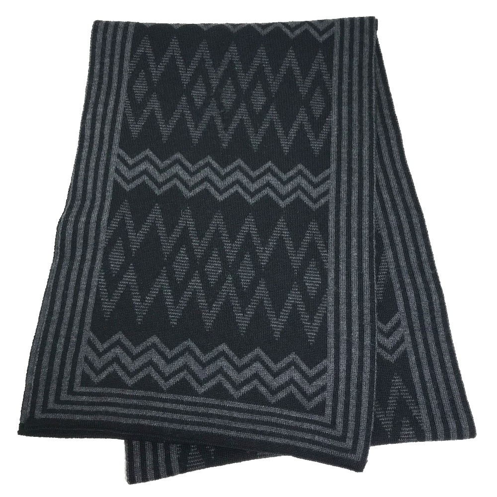 マフラー 401910 シェブロンストライプ 総柄 ロゴ ウール ブラック/グレー