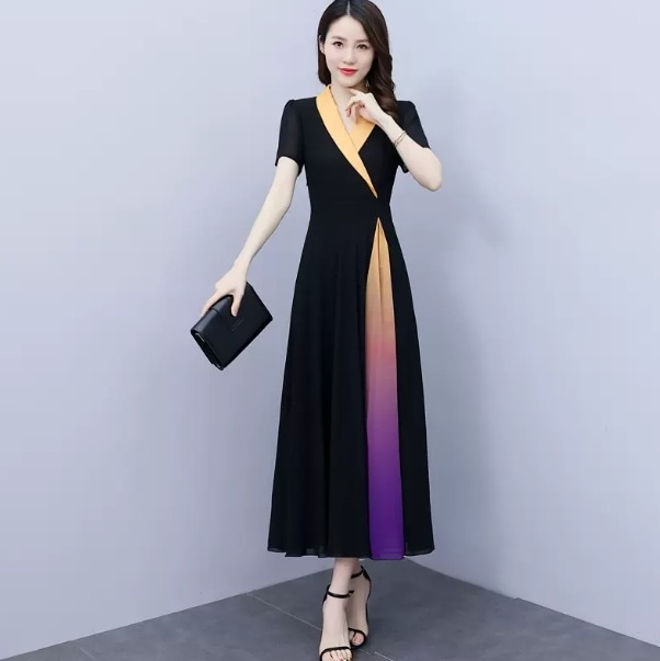 ワンピース 袖あり 半袖 襟付き ショールカラー フレア デザイン 美ライン ニュアンス シフォン レイヤード 透け感 ドラマチック かわいい 大人可愛い きれいめ シンプル カジュアル 大人 上品
