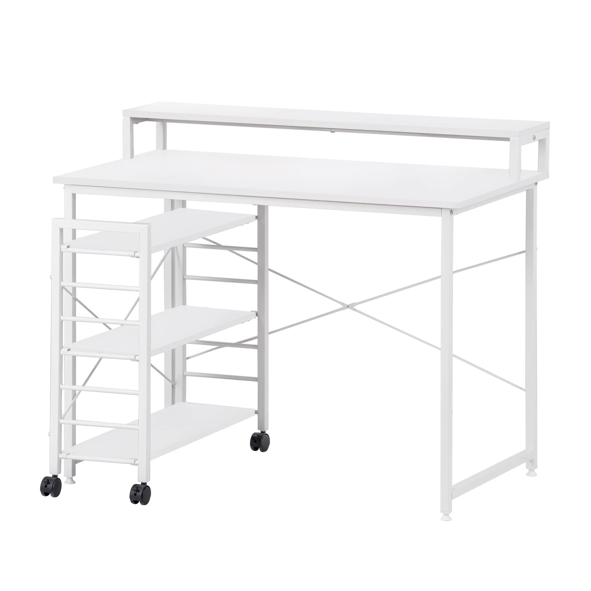 【国内で発送&送·料·無·料】【オフィスチェア+パソコンデスク セット】 【ホワイト】パソコンデスク デスク ワークデスク キャスター付きで移動可能ラック付き 学習デスク オフィスデスク