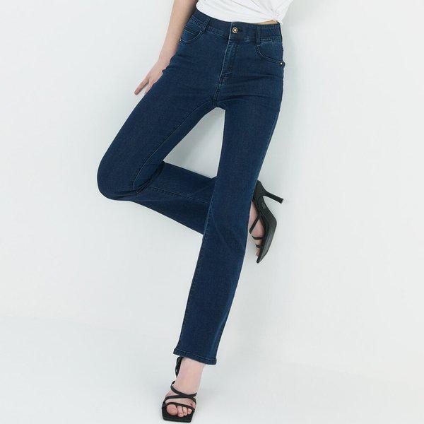 女性サマーライクラセミブーツカットデニム_ネイビー