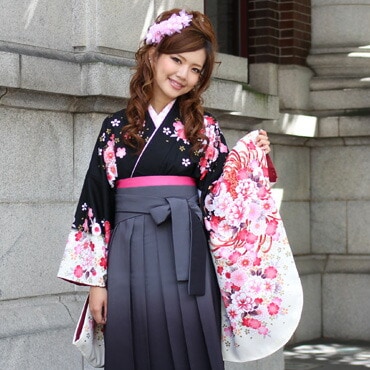 レンタル卒業式 袴 レンタル 女 袴セット 卒業式袴セット2尺袖着物＆袴 フルセットレンタル黒地に白ぼかしピンク桜牡丹と糸菊安い 黒 ハカマ はかま rental