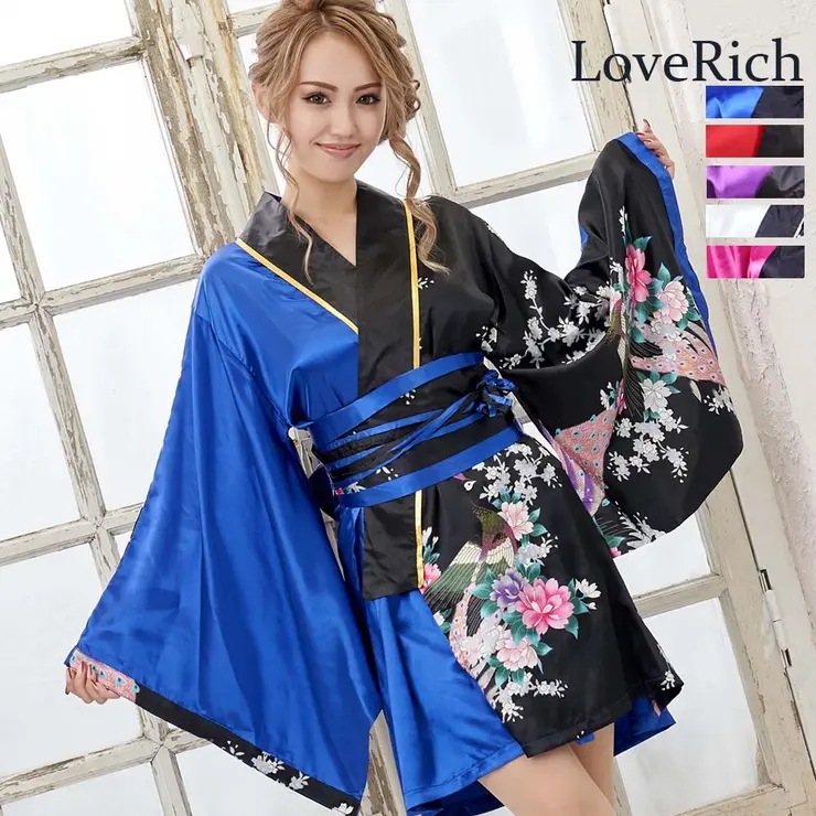サテン和柄花魁ミニ着物ドレス キャバドレス 女性用 鮮やか ショート丈 和柄 よさこい 花魁 コスプレ 可愛い