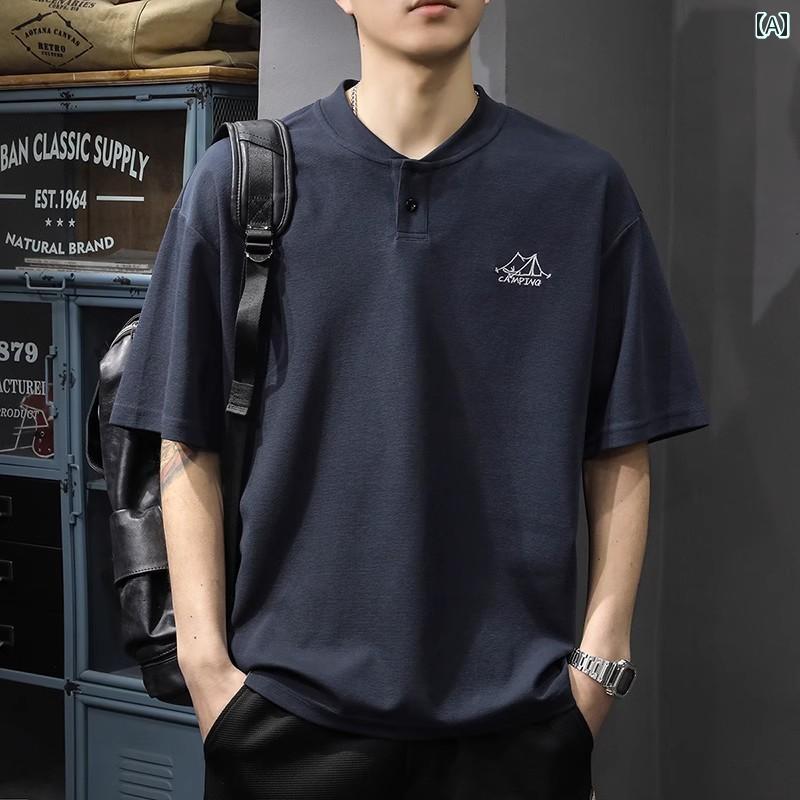 ポロシャツ 夏 アメリカン 半袖 メンズ レトロ ヘンリーカラー カジュアル Tシャツ ボタン装飾 都会的 毎日 綿 刺繡 無地 シンプル 男性用 サマー