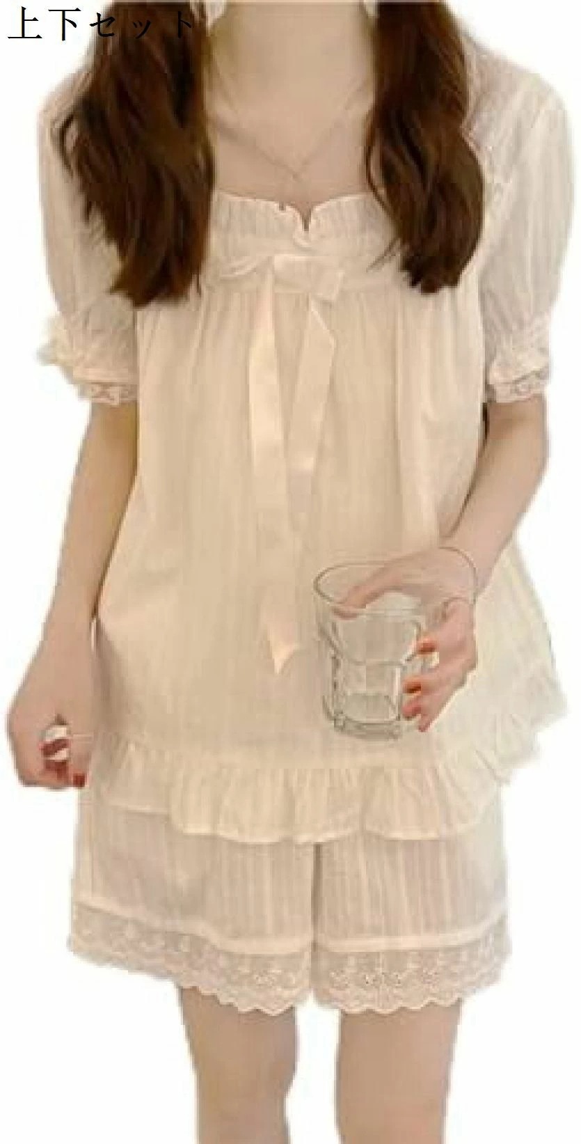 パジャマ お姫様 女の子 ネグリジェ ワンピース 上下セット 白 無地 リボン パフ袖 半袖 夏 リボン フリル 優しい 柔らかい 彼女 レース レディース お嬢様 童話風 冷感 宮廷風 家着 ルーム