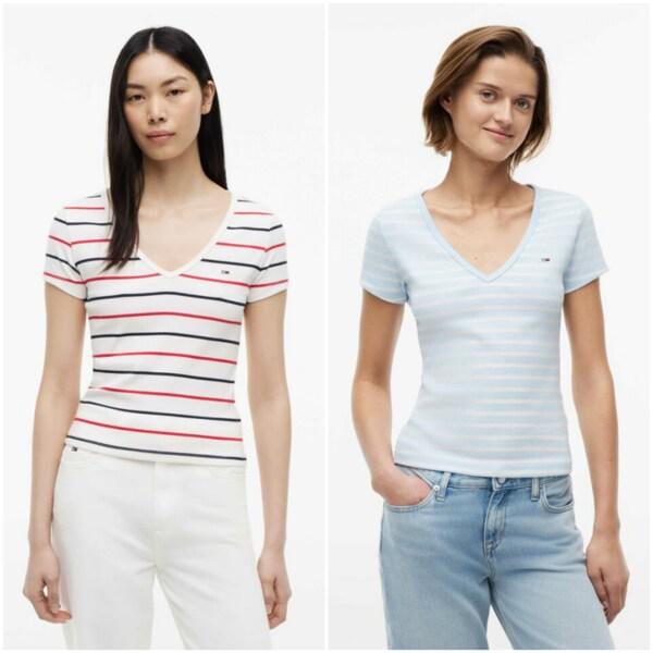 女性スリムエッセンシャルリップVネックTシャツ T32G6TTO10TWT1 TOMMY JEANS