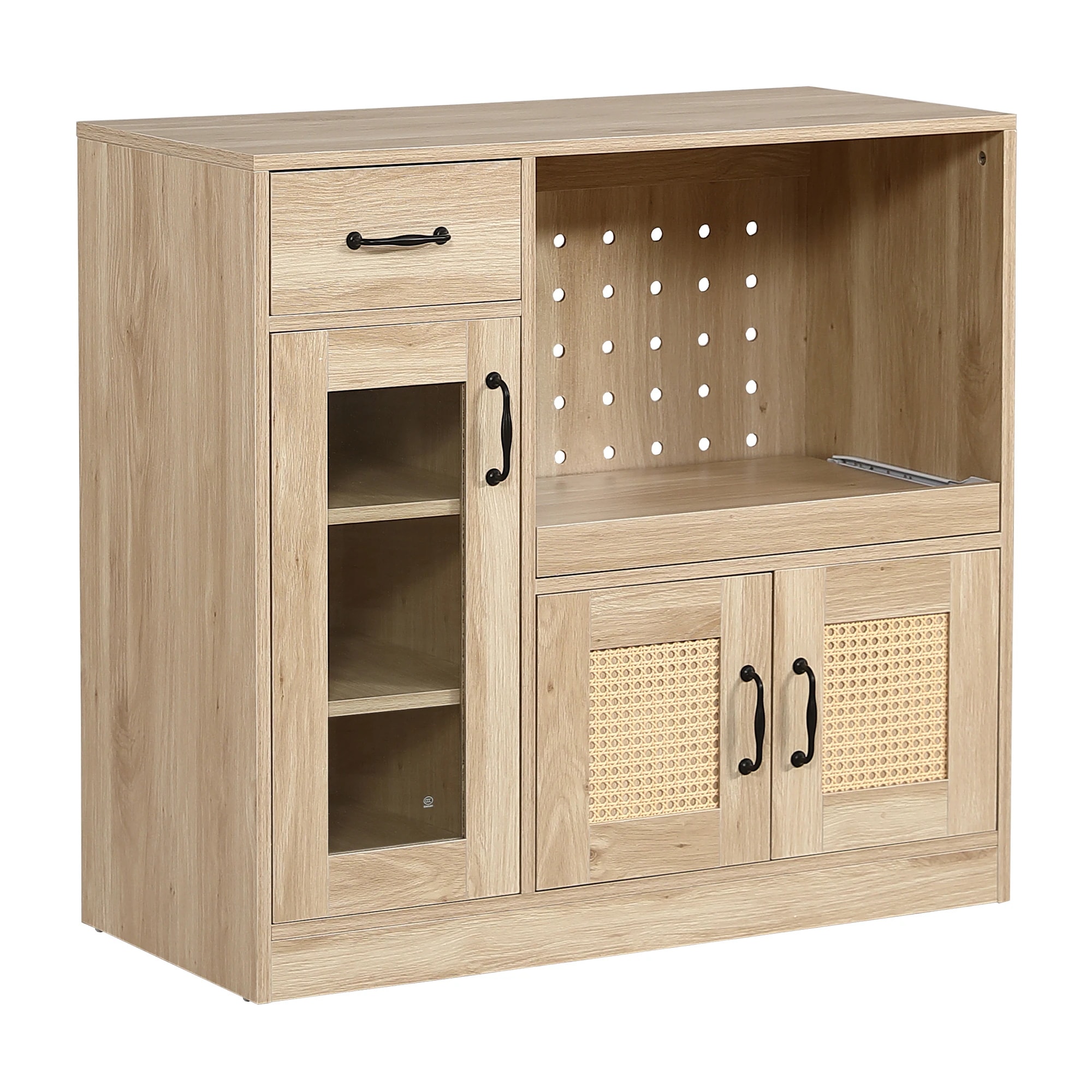 キッチンカウンター 食器棚 キッチンキャビネット レンジ台 キッチン収納 幅88cm ラタン調 引き出し付き 扉付き スライドレール ロータイプ キッチンラック レンジボード 収納 ガラス コンパク