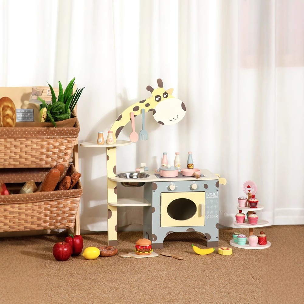 【急速出荷!】大サイズの木製冷蔵庫キッチンダイニングキッチンキッチンウェアストーブ男の子と女の子キリンプレイハウス木製おもちゃセット