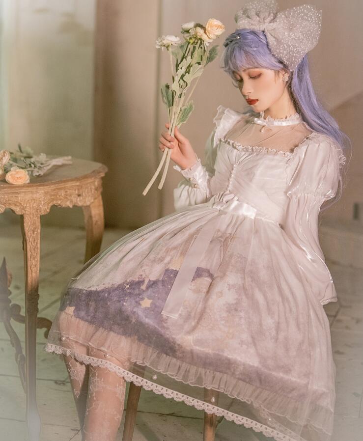 ロリータ ワンピース コスプレ 星空元素 可愛い 長袖ワンピース お姫様 ロリータ服 星柄 Lolita こすぷれ コスチューム 胸シースルーレース 文化祭 学園祭 撮影衣装 プリンセス風ドレス