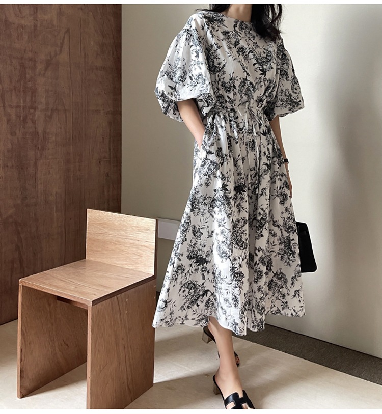 TK0048 ワンピース 花柄 フレアスカート ロング丈 オーバーシルエット パフスリーブ ウエストマーク ストラップ