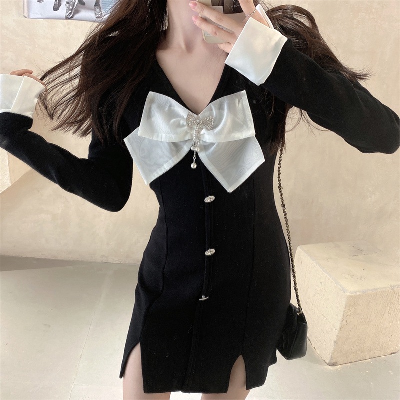 配色 ビックリボン リボン型チャーム付き 取り外し可能 ダブルスリット 地雷系 病みかわ