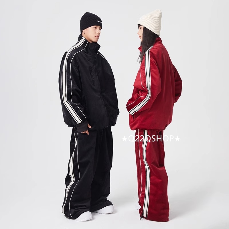 スノーボードウェア 2024 2025 上下セット メンズ レディース ストライプ 黒 ワインレッド アウター パンツ セットアップ ウィンタースポーツ スキーウェア スノボウェア スノー 韓国風防水