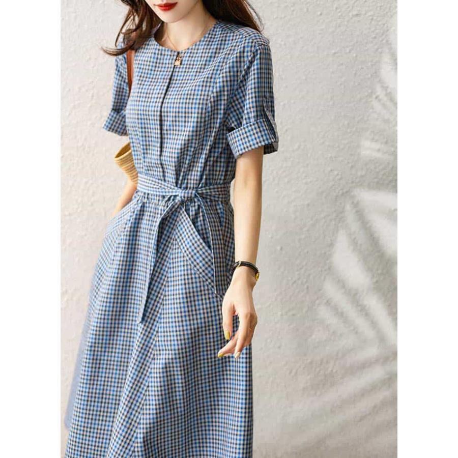 ワンピース レディース 半袖 夏 春 Aライン ワンピ 格子柄 ロングワンピース マキシワンピース マキシ丈 きれいめ 体型カバー