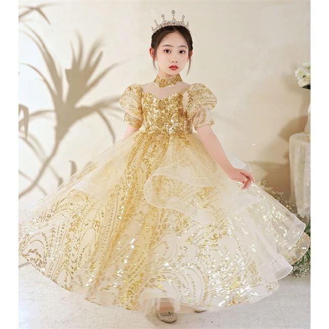 ゴールド ロングドレス　キッズ　ドレス　子供ドレス　Aライン　マキシ丈　フォーマルドレス　ワンピース　キッズ服 子供服 女の子 子ども　発表会　七五三　演出舞台結婚式卒業園　入園式 ピアノ　110-1