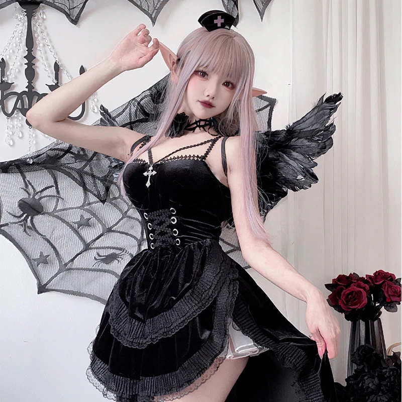 ヨーロッパとアメリカのダークゴシックスタイルのハロウィン大人用コスチューム黒のドレスパフォーマンスコスチューム女性魔女吸血鬼花嫁
