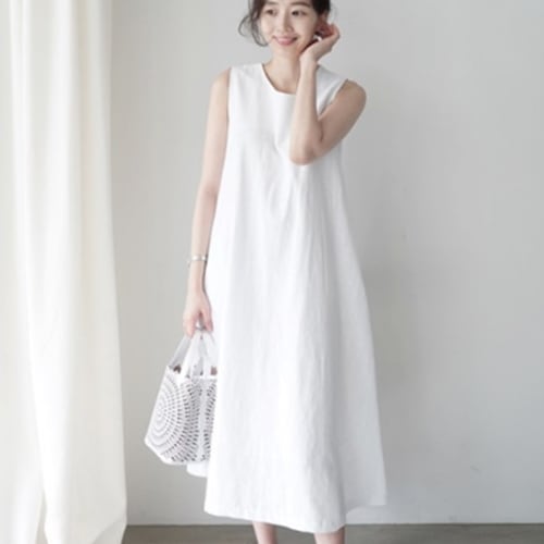 レディース ワンピース プルオーバー ロング 袖なし ノースリーブ クルーネック 襟なし ワイド Aライン フェミニン ポケット 大人可愛い きれいめ シンプル カジュアル 上品 おしゃれ こなれ感