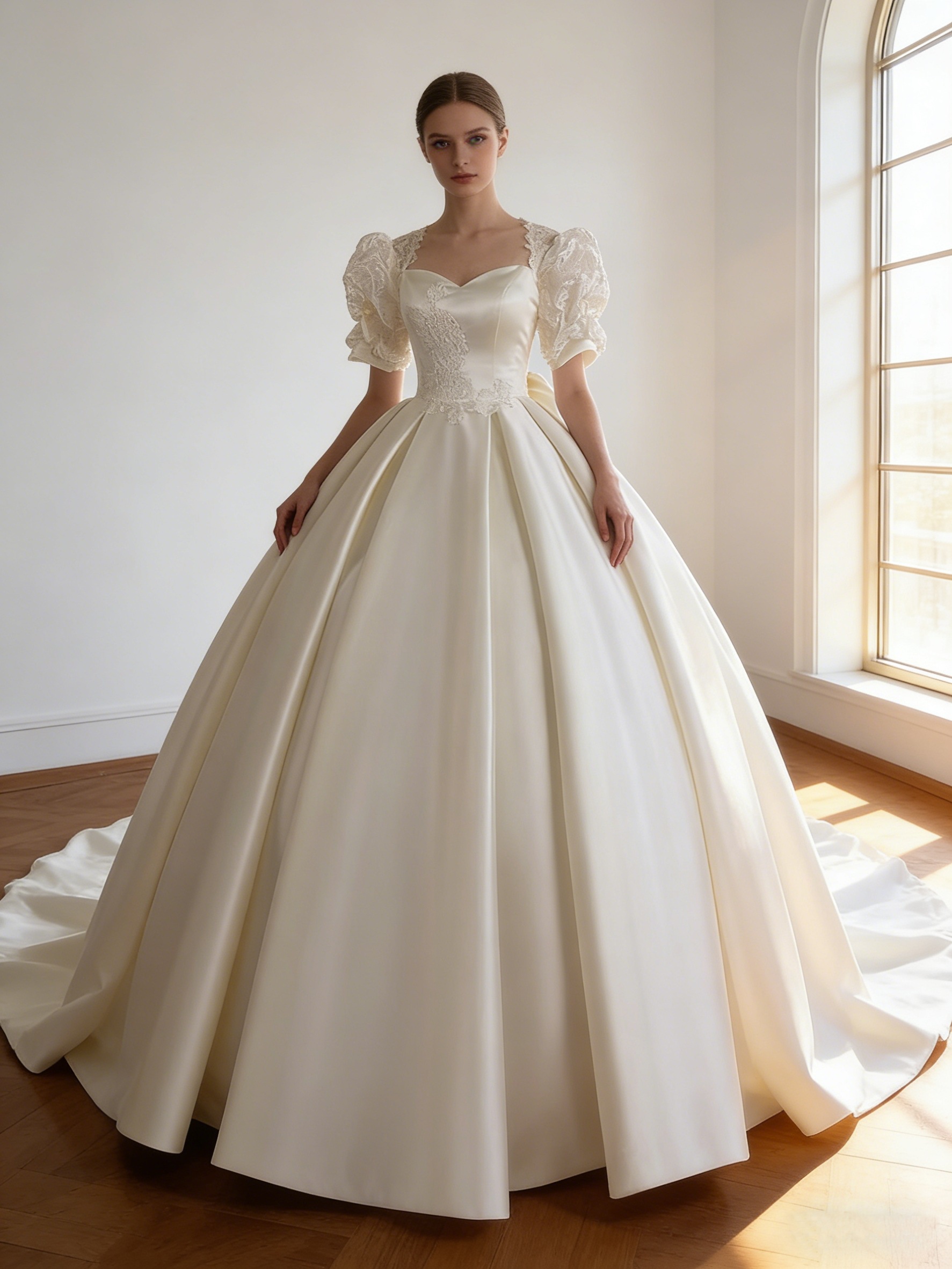 ウエディングドレス オフホワイト 姫袖 光沢サテン 華やかなトレーン 編み上げ 結婚式