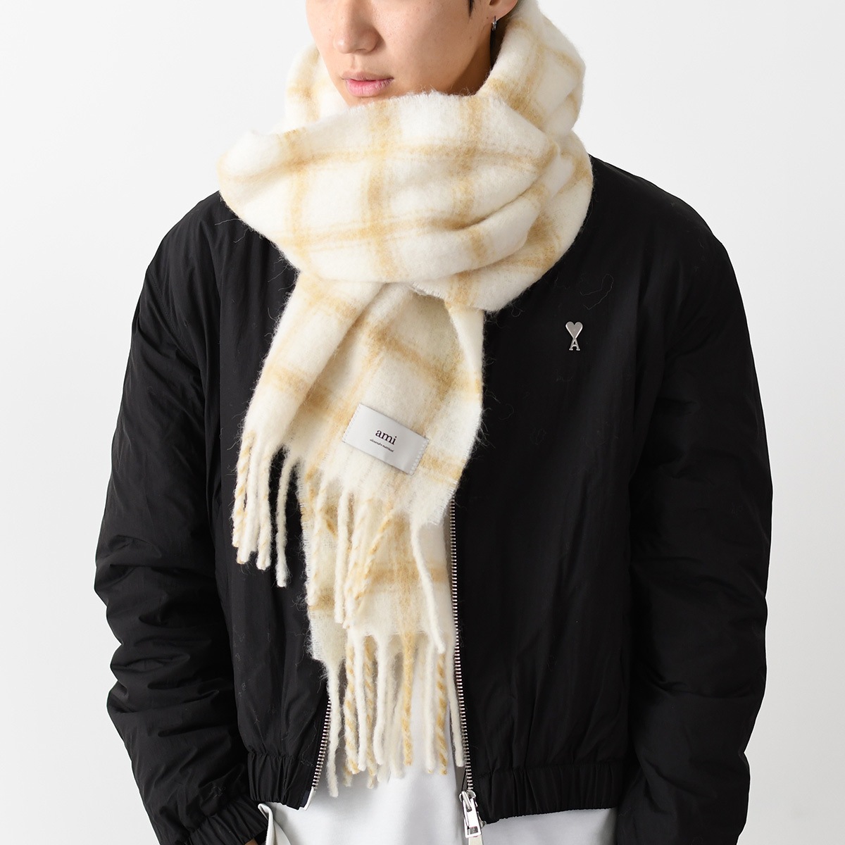 AMI ALEXANDRE MATTIUSSI アミ パリス マフラー チェック柄 Amiラベル スカーフ USF423 AW0058 ユニセックス メンズ ベージュフリンジ アルパカ 秋冬 防寒