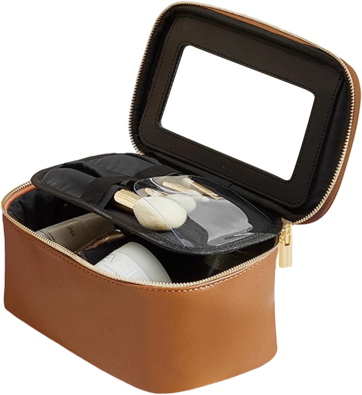 化粧品バッグ 鏡付き 大容量 多機能 手提げ 広口 仕切り 防水 軽量 携帯に便利 トラベル用 ブラウン
