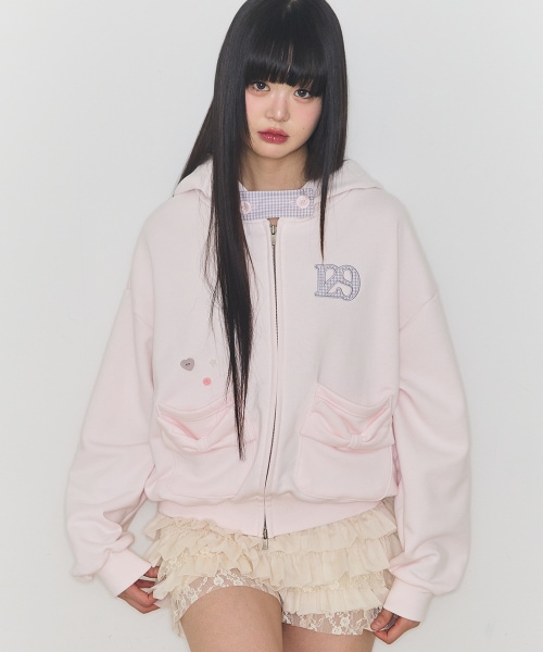 【ILLIGO】 CHECKER BOW POCKET HOODED ZIP-UP BABY PINK 正規品
