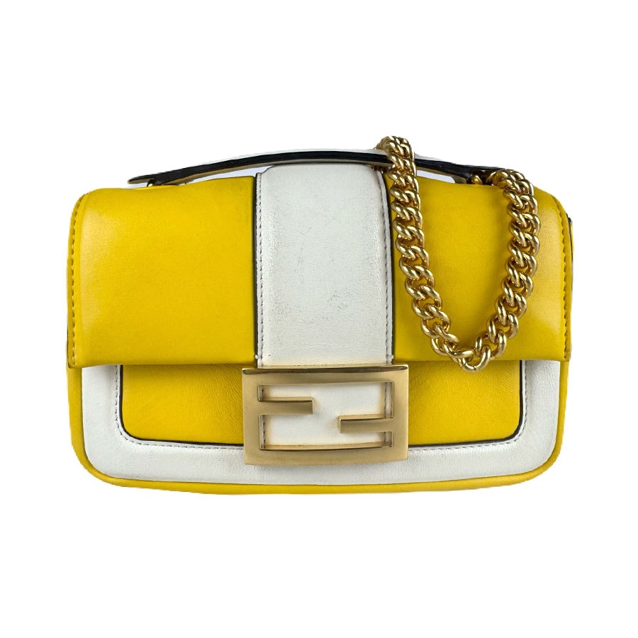 フェンディ FENDI ショルダーバッグ ミニ バイカラー ナッパ アポロ チェーン バゲット レザー イエロー/ホワイト ゴールド レディース 8BS045-ACNE z8044