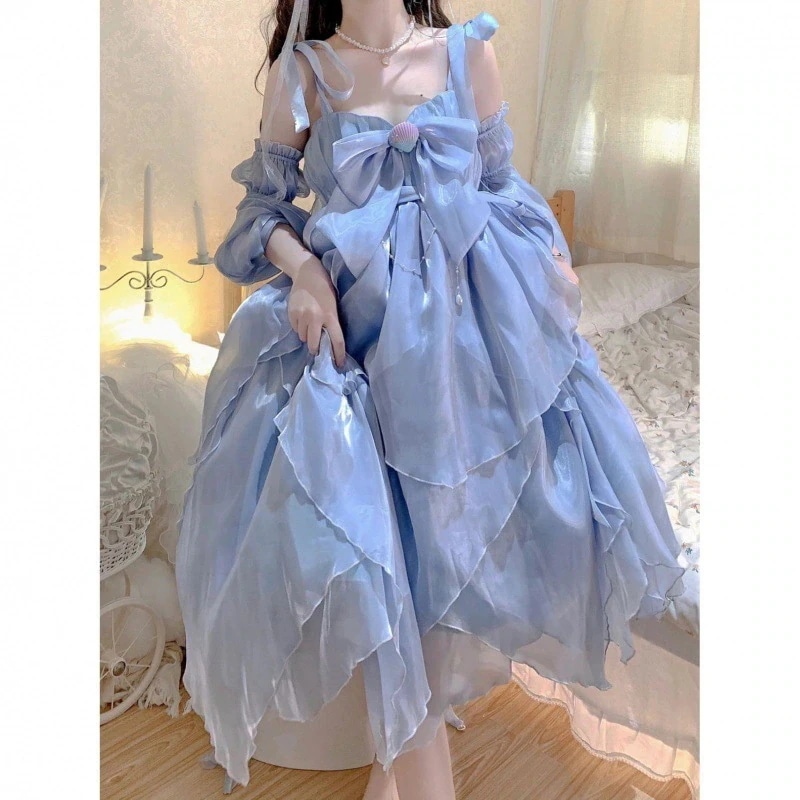 【2枚購入で 3oo円OFF！】ロリータドレス ブルー ロリータドレス プリンセスドレス 2025夏 リボンサスペンダードレス