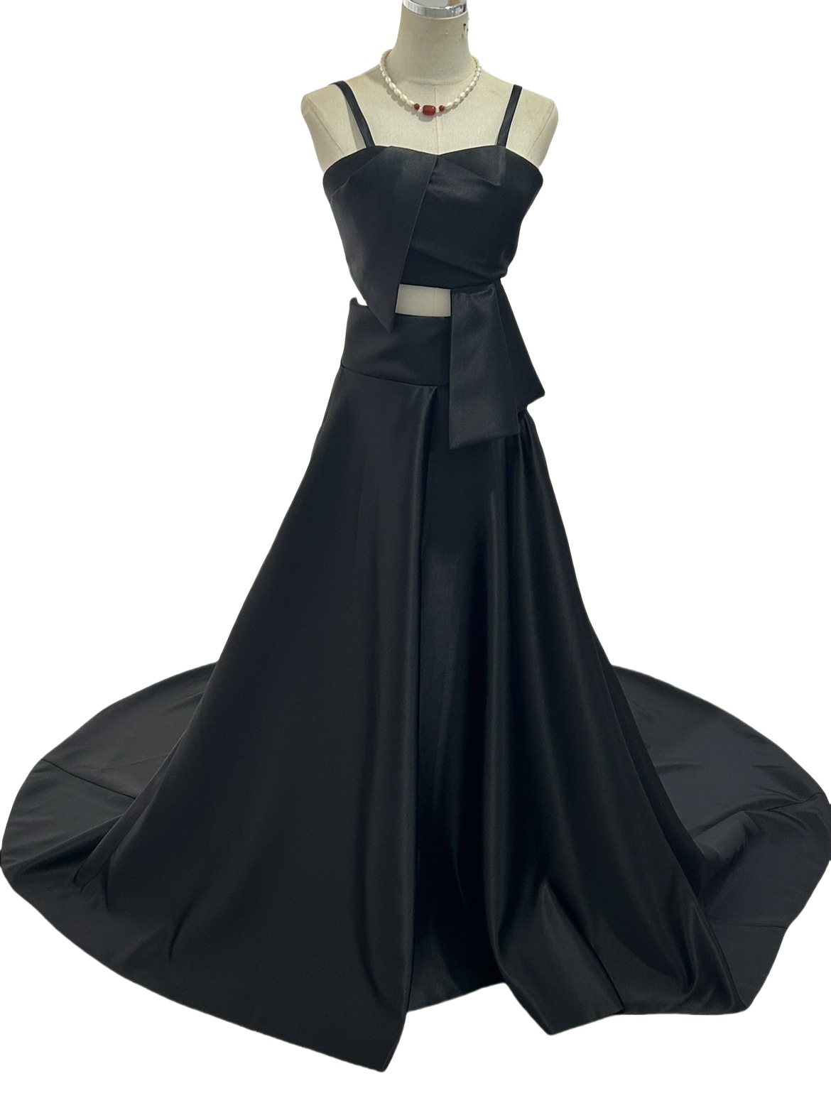 パーティードレス キャミソール ツーピース 編み上げ 光沢サテン 前撮り デザイン感 ブラック