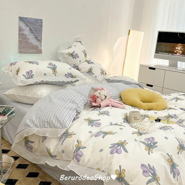 布団カバーセット 4点セット 綿100% 寝具カバーセット フリル 花柄 韓国風 コットン 掛け布団カバー ダブル グリーン パープル 枕カバー ピローケース 敷きカバー インテリア 寝室 新生活