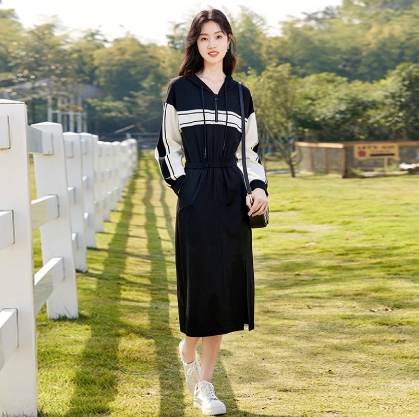 レディース ワンピース パーカー ロングスカート ロング 長袖 Vネック フード ストレート スリット ハイウエスト かわいい 大人可愛い きれいめ シンプル カジュアル おしゃれ レトロ ラフ