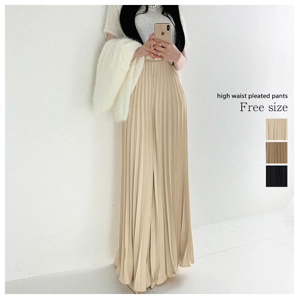 パンツ ハイウエスト ハイウエストパンツ フレア フレアパンツ 無地 プリーツ ロング丈 ロングパンツ 韓国ファッション 春 夏 カジュアル シンプル フェミニン オフィス 大人 足長効果