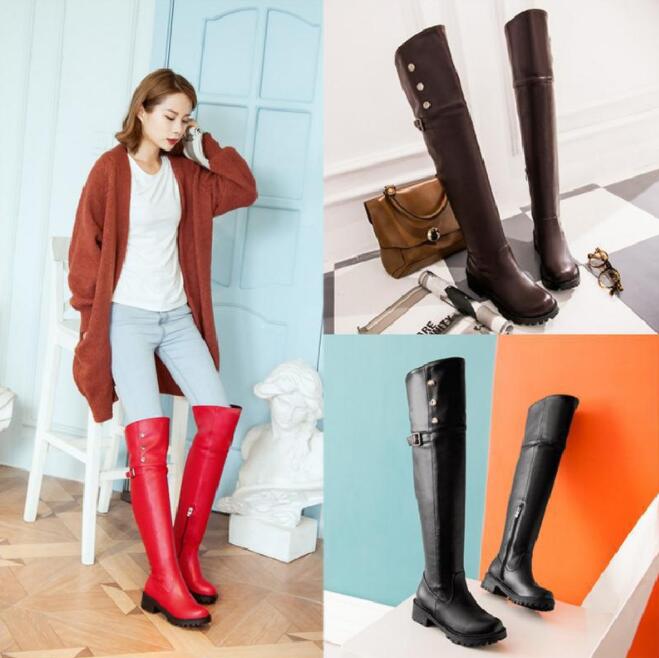 レディースブーツロングブーツ ニーハイブーツ エンジニアブーツジョッキーブーツ 美脚 ローヒール4cm