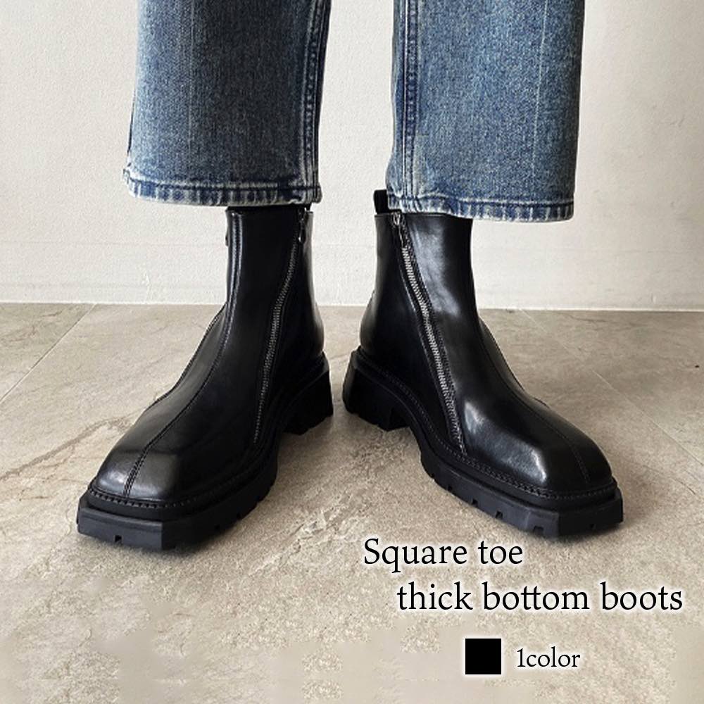 ブーツ メンズ スクエアトゥ厚底ブーツ 冬 完全 ファスナー 革 暖かい 本革 セット レザー シューズ 滑らない あったか 防寒 モード 防水 スエード 軽い 人気 幅広 大人 秋 ブランド 黒 ジ