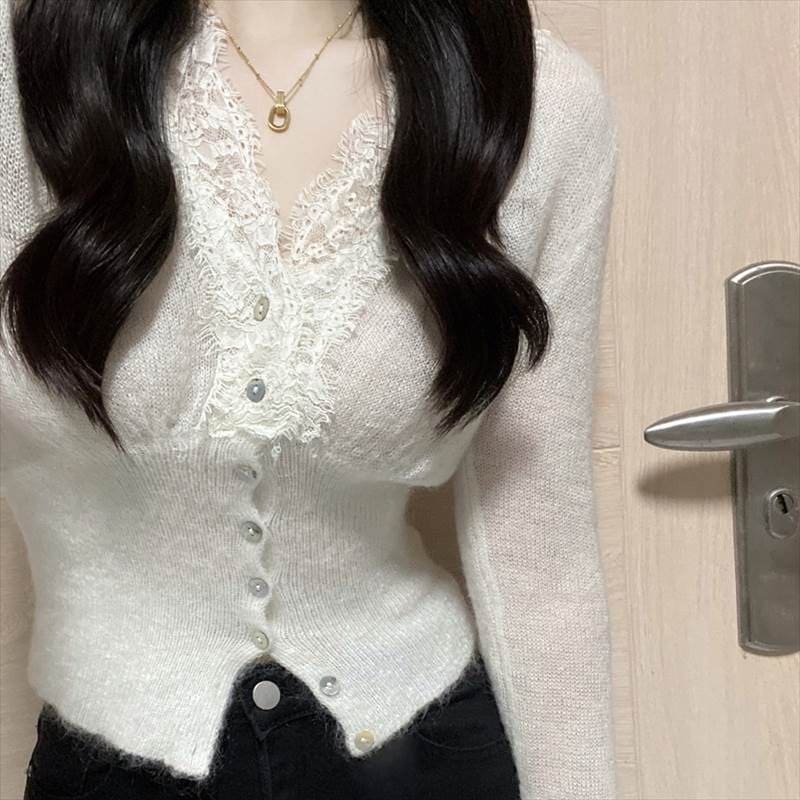 クーポン有トップス ニット セーター カーディガン 春 秋 冬 長袖 Vネック ハイネック スリム タイト 細身 アイラッシュレース ブラック ホワイト アプリコット S M L XL LL 学校 バ