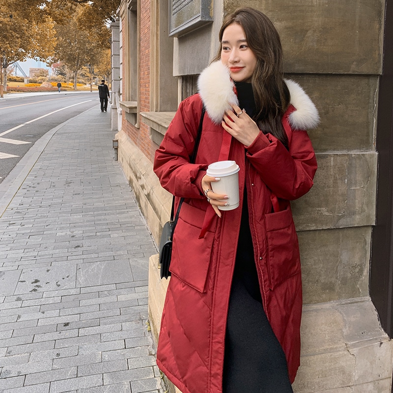 韓国風ルーズレッドダウンジャケット2024新気質甘く厚みのあるミドル丈ホワイトダックダウンジャケット