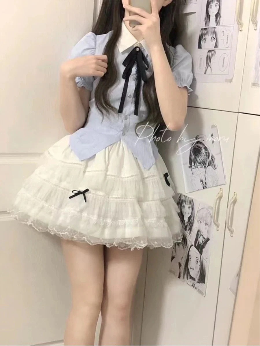 セットアップ10代の女の子のスーツ新しいスモック小さな新鮮なシャツハイウエストリボンふわふわスカートツーピーストレンドスーツ