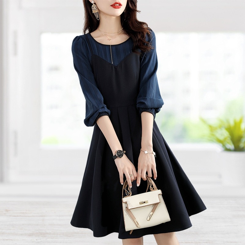 ワンピース プルオーバー フレアワンピース 膝丈 ひざ丈 ミディアム丈 袖あり 7分袖 七分袖 ラウンドネック フレア Aライン ドッキング ハイウエスト ポリエステル かわいい 大人可愛い 6,347円