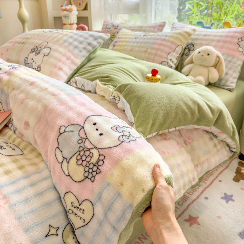 冬用の厚手ミルクフリース寝具4点セットフリースコーラルフリース布団カバーバブルフリースを追加し暖かい学生寮に最適です（3点セット）