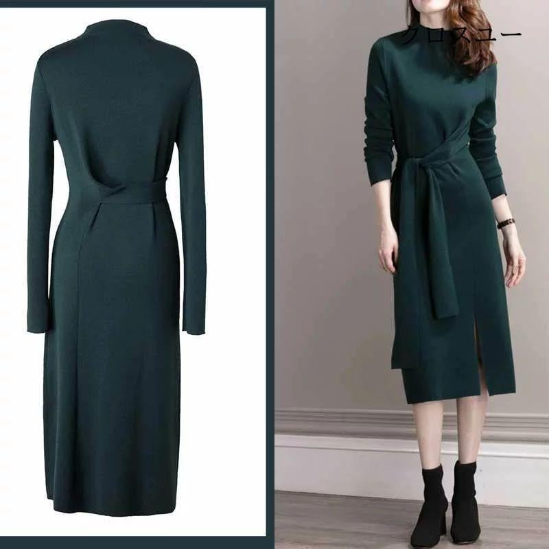 ニットワンピース 秋冬 ロング ワンピース スリット 細見え 冬 ロングワンピース 長袖 秋 ウエストリボン ワンピース ニット レディース タートルネック ロング 4,776円