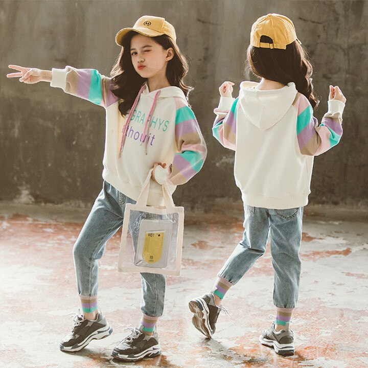 韓国子供服女の子上下2点セット春秋パーカージーンズデニムパンツキッズ服セットアップ上下セット