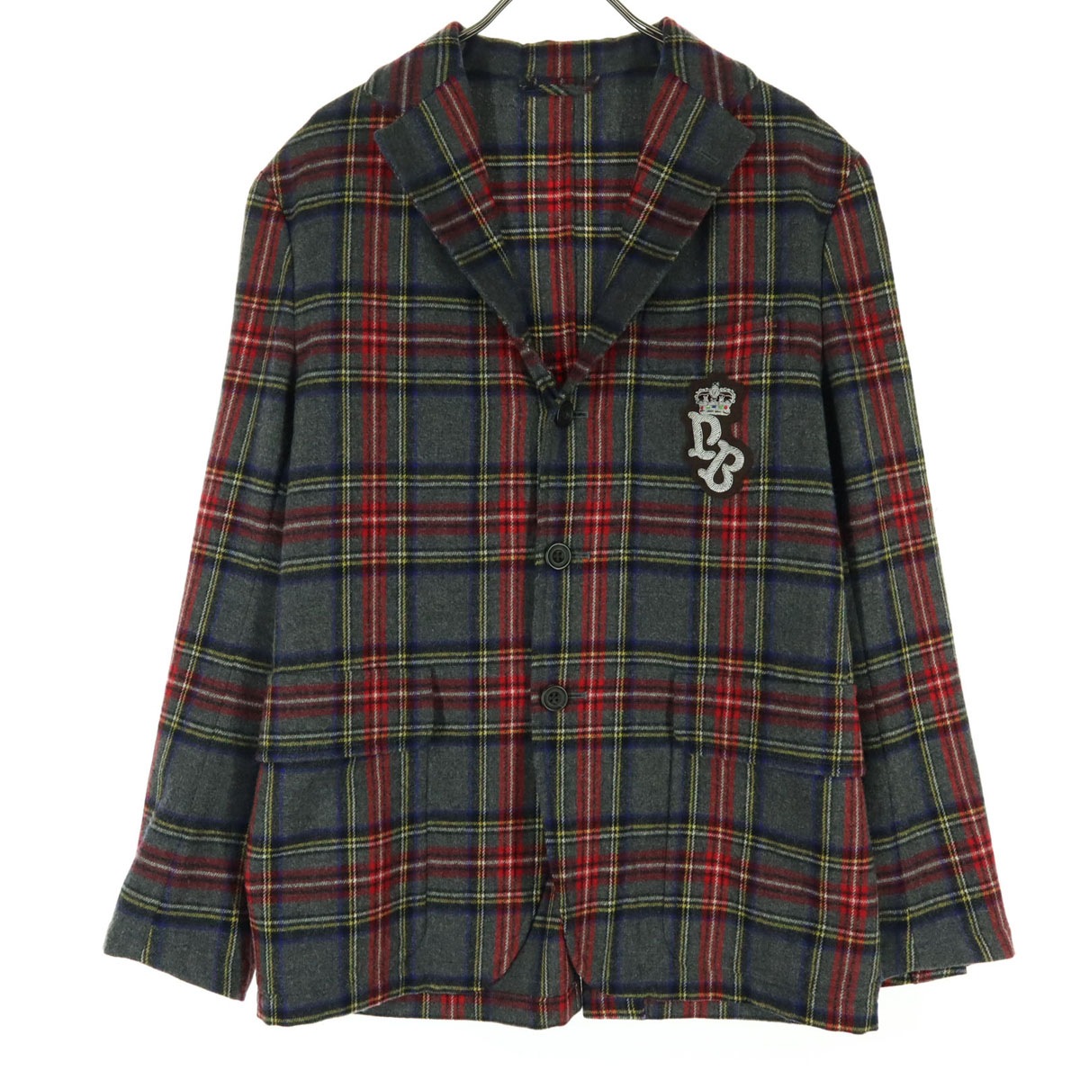 美品 日本製 チェック柄 長袖 ブレザー M グレー系 メンズ 古着