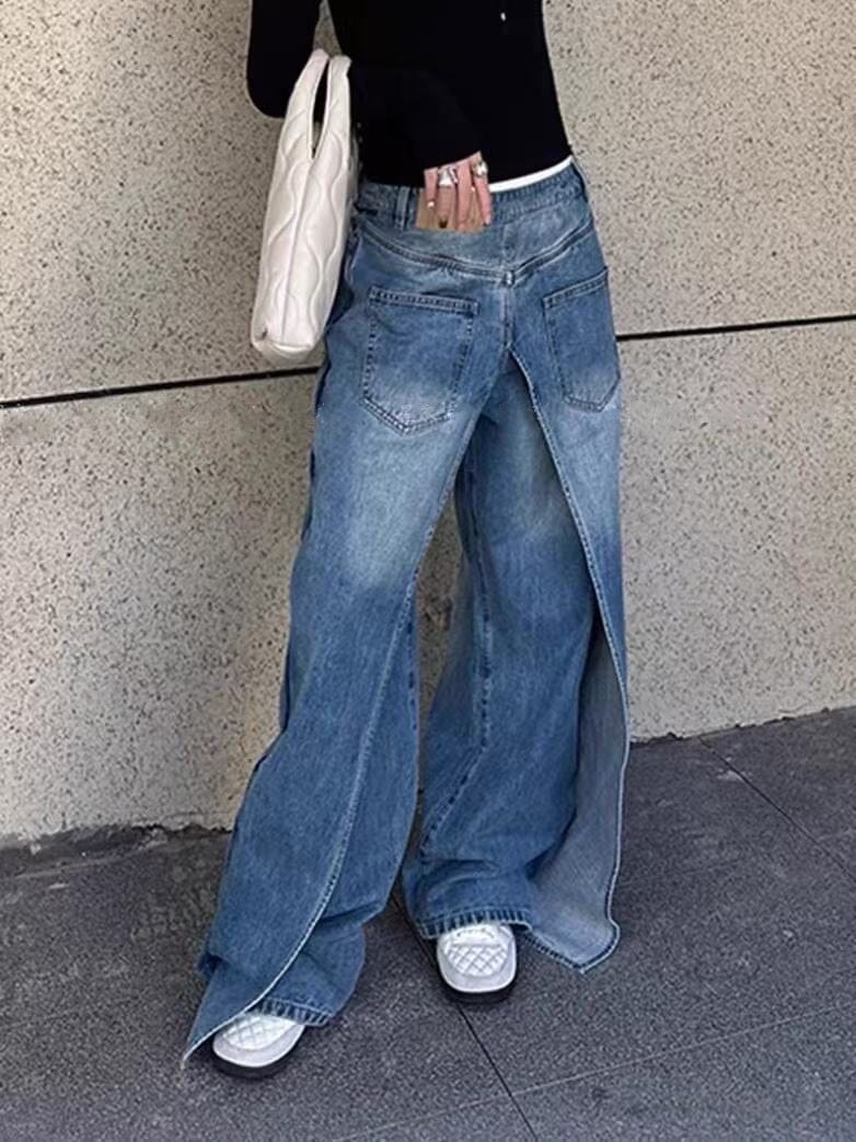 【即納】ワイドパンツ ニセツーピース 春と秋 パンツ デザイン レディース ジーンズ 着用ジーンズ 両面 前後