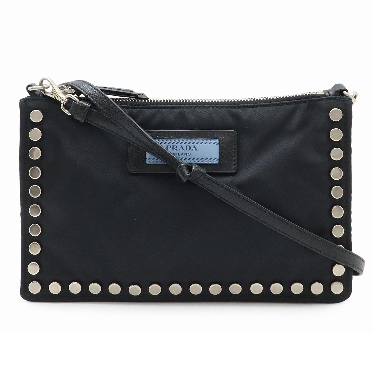 ショルダーバッグ セミショルダー 肩掛け 2WAY クラッチバッグ ポーチ スタッズ ナイロン レザー NERO ブラック シルバー金具 1NE00