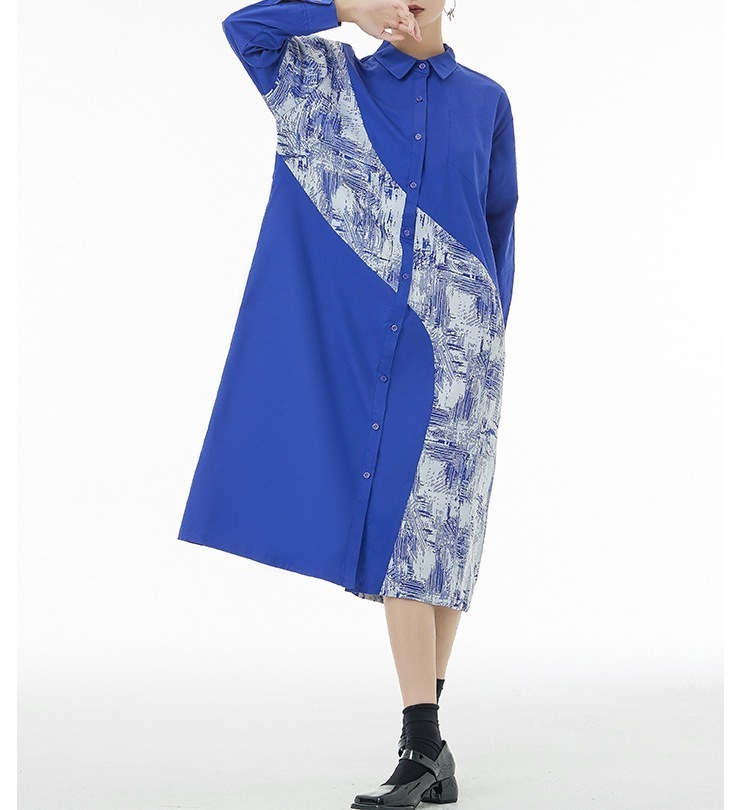 配色切替シャツワンピース ワンピース レディース 長袖 アシメシャツワンピース ロングワンピース 配色 シャツワンピ ロングシャツ 羽織 襟付き 切替 アシンメトリー 変形デザイン 個性的