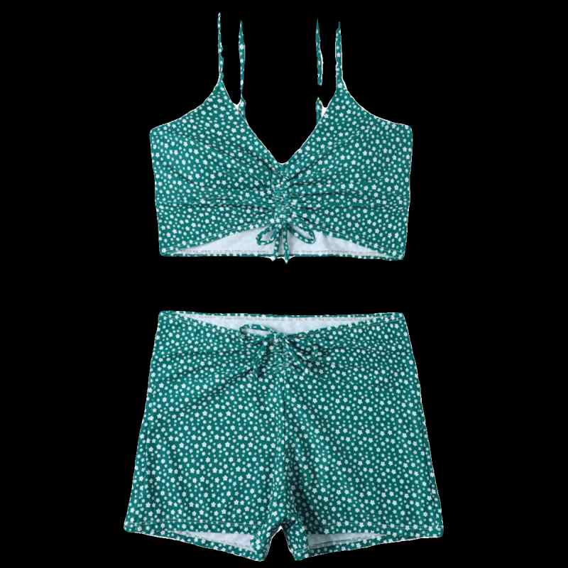 ビキニ レディース 水着 大きめ 体型カバー ハイウエスト 黒 緑 セパレート 上下セット 海 ショートパンツ 胸パッドあり ワイヤーなし シンプル 無地 柄