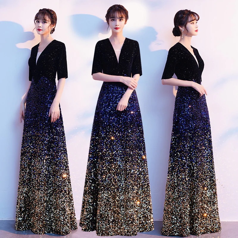 2025 女性用 合唱団パフォーマンス衣装 グラデーション ロング スリム ホストドレス 気質的