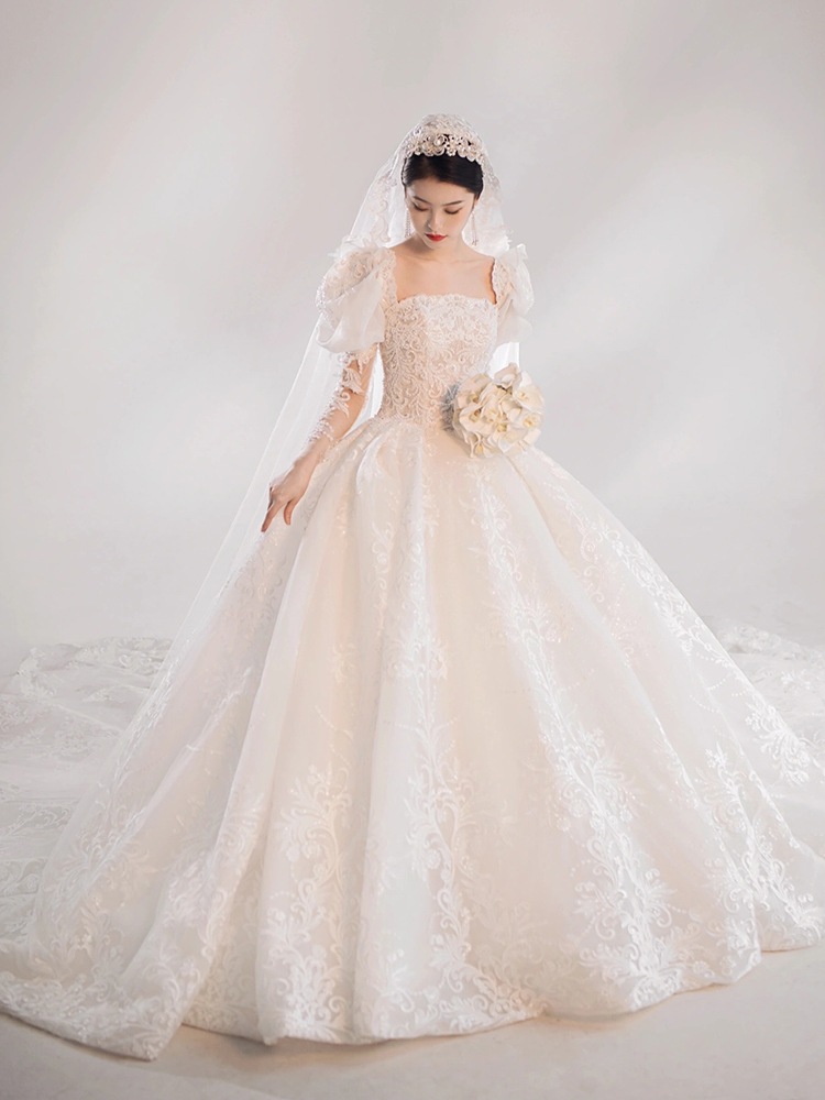 主なウェディングドレス2024新婦大曳尾高級質感フレンチレトロ重工長袖ハイエンド逃げ姫